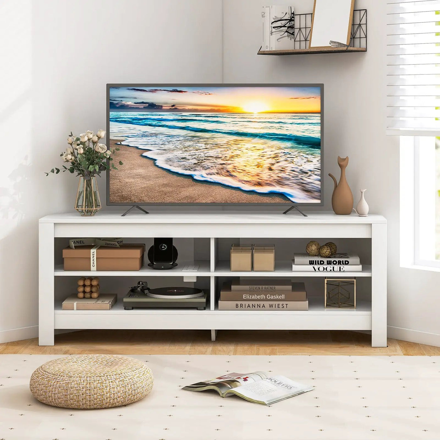 Corner TV Stand with Power Outlet and 4 Open Storage Shelves by DirectDeals