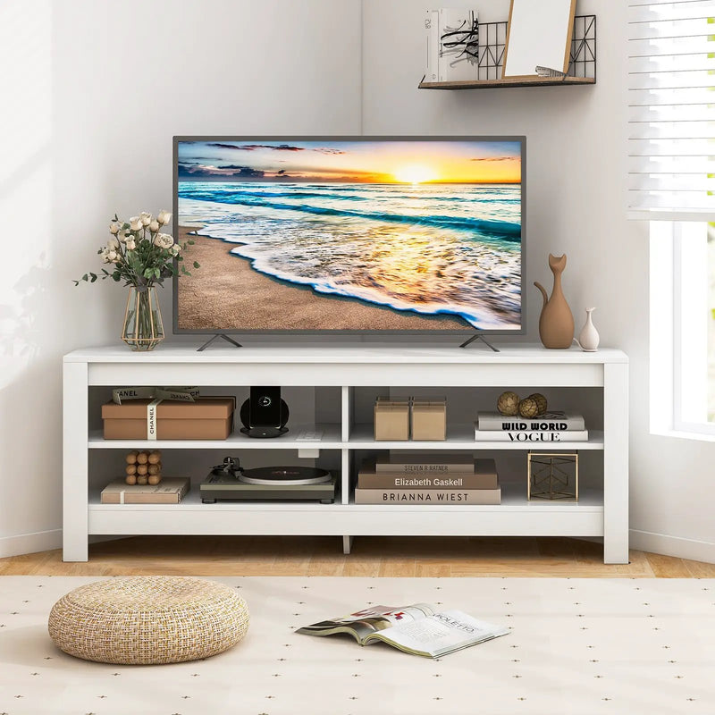 Corner TV Stand with Power Outlet and 4 Open Storage Shelves by DirectDeals