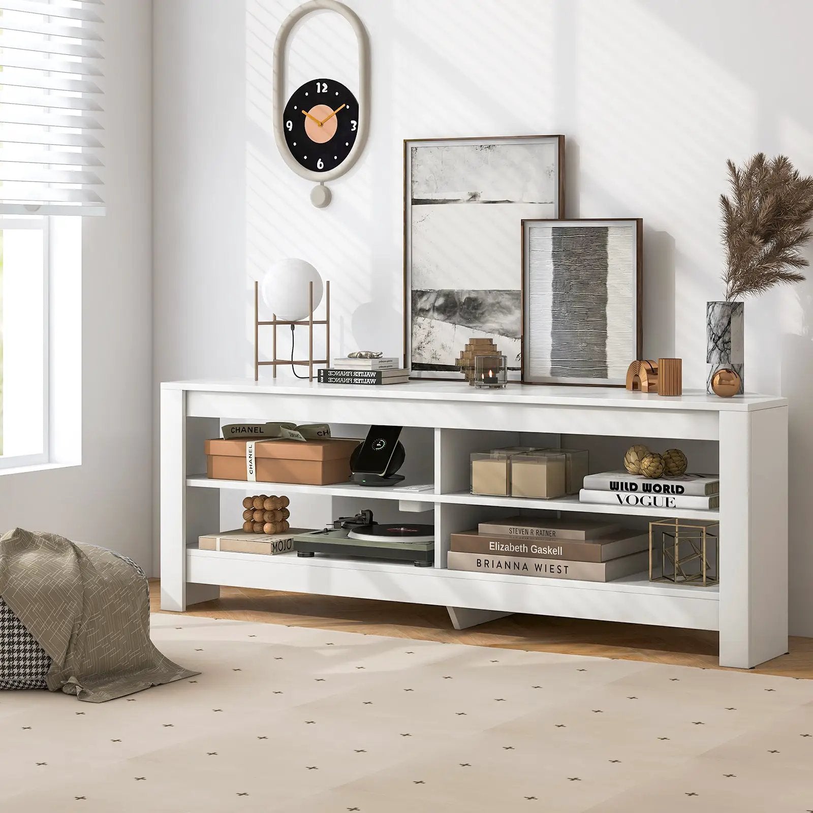 Corner TV Stand with Power Outlet and 4 Open Storage Shelves by DirectDeals
