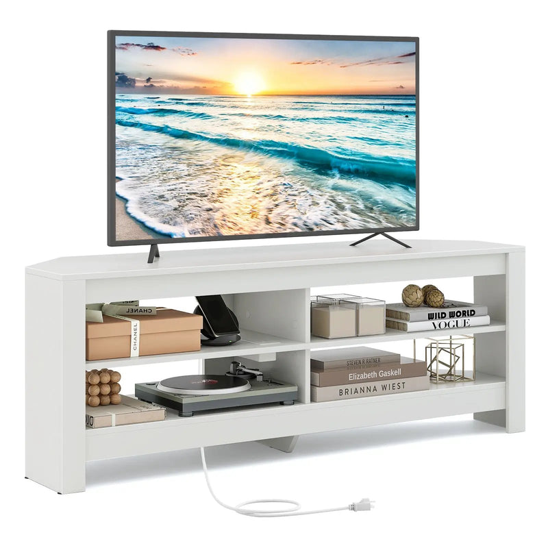 Corner TV Stand with Power Outlet and 4 Open Storage Shelves by DirectDeals