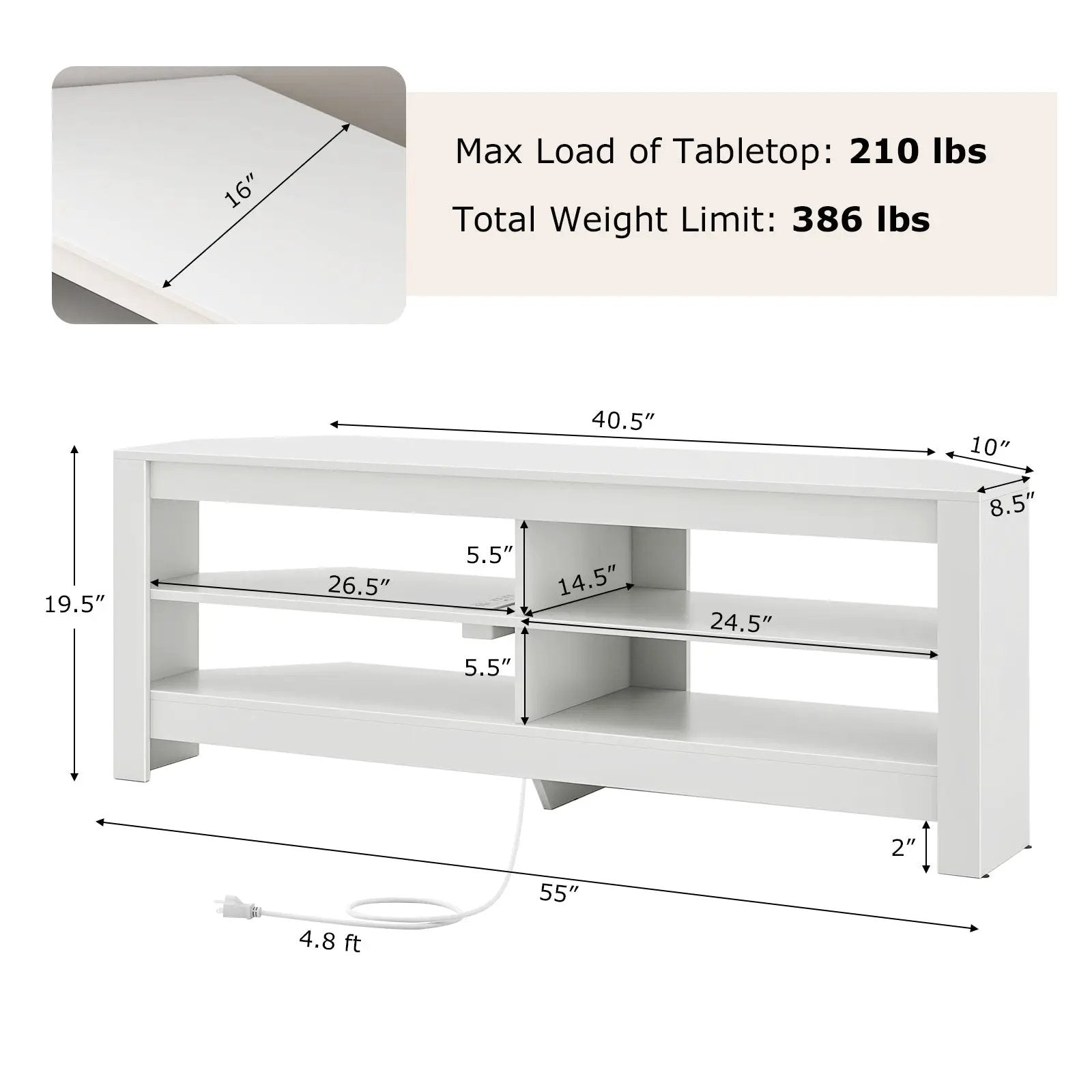 Corner TV Stand with Power Outlet and 4 Open Storage Shelves by DirectDeals