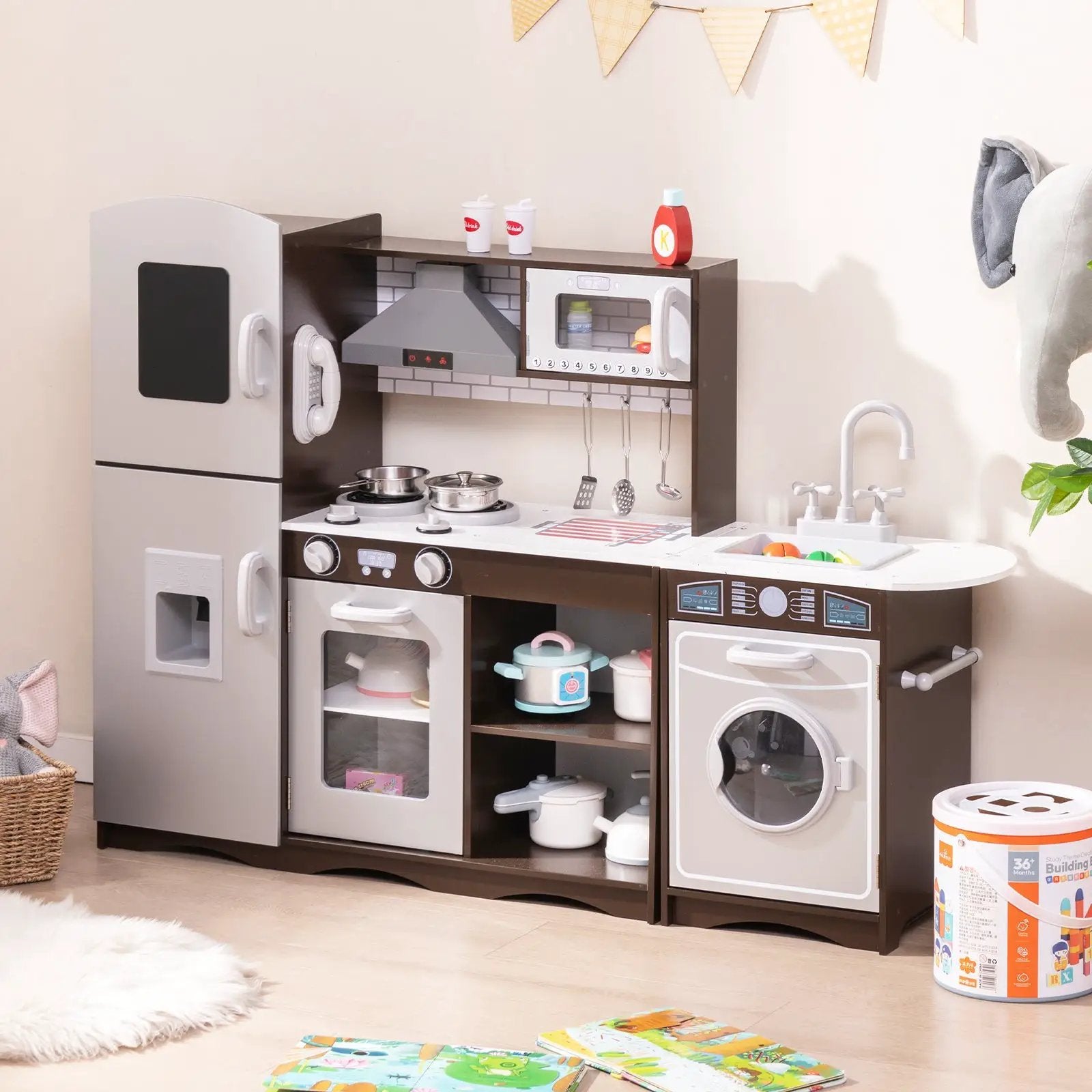 Corner Toy Kitchen Set with Light with Sounds Interactive-Dark Brown by DirectDeals