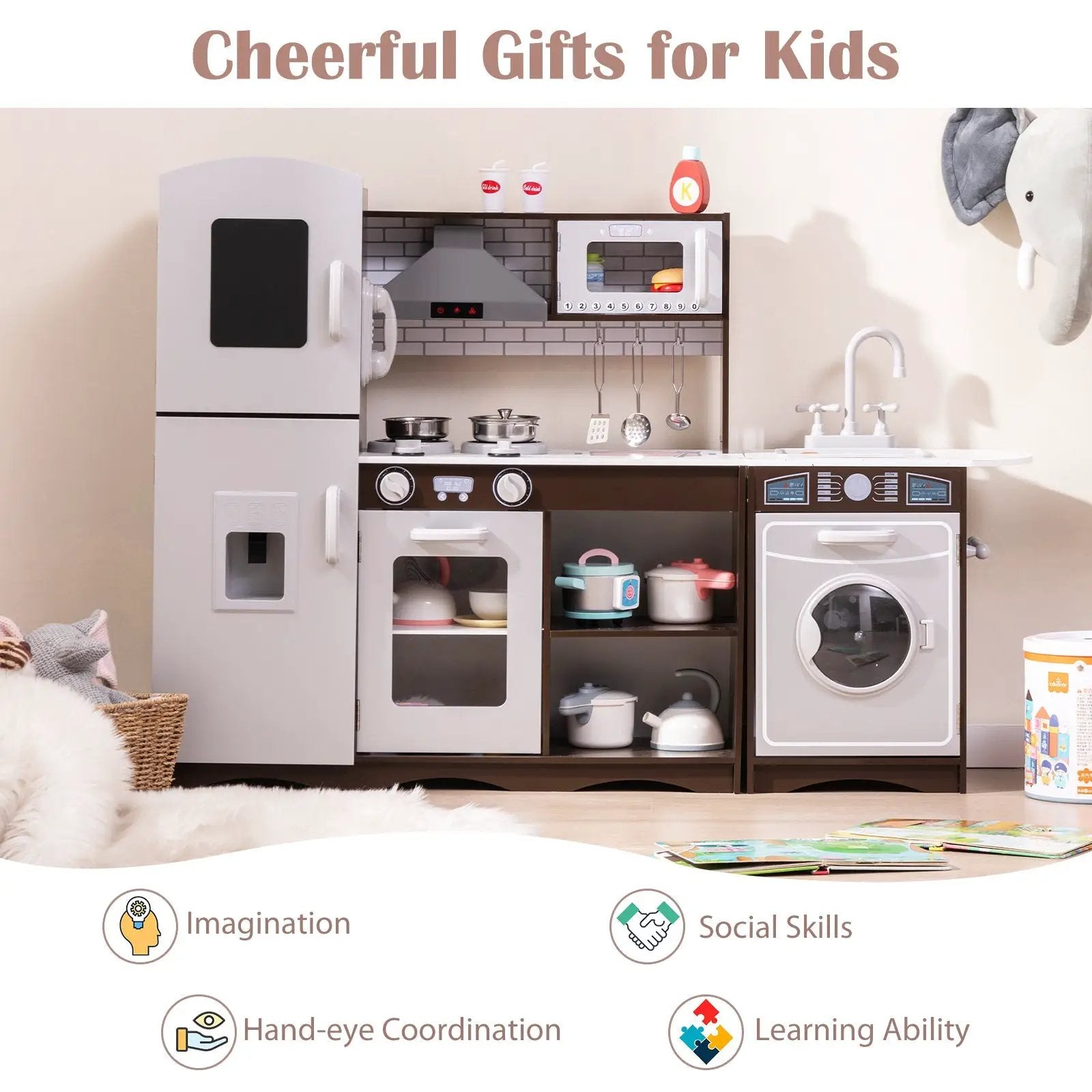 Corner Toy Kitchen Set with Light with Sounds Interactive-Dark Brown by DirectDeals