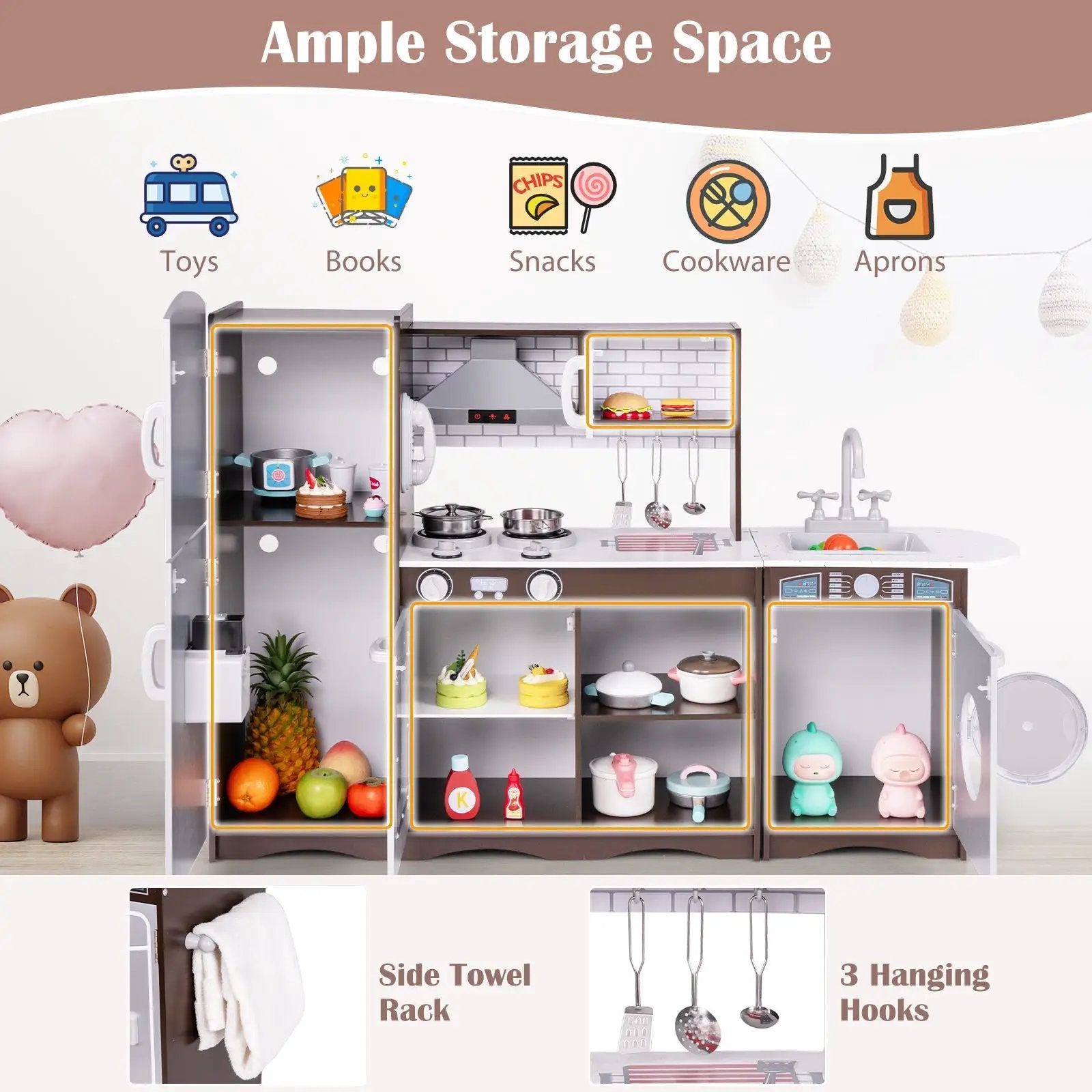 Corner Toy Kitchen Set with Light with Sounds Interactive-Dark Brown by DirectDeals