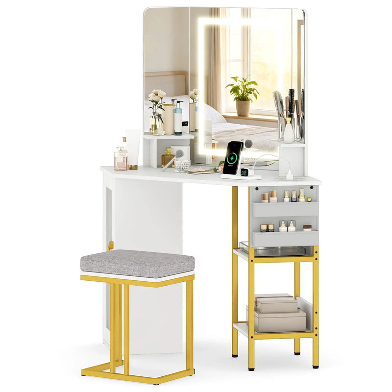 Corner Vanity Desk with Mirror and Lights Makeup Dressing Table with Triple Mirror-White by DirectDeals