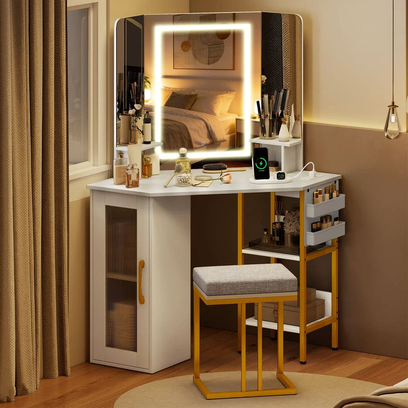 Corner Vanity Desk with Mirror and Lights Makeup Dressing Table with Triple Mirror-White by DirectDeals