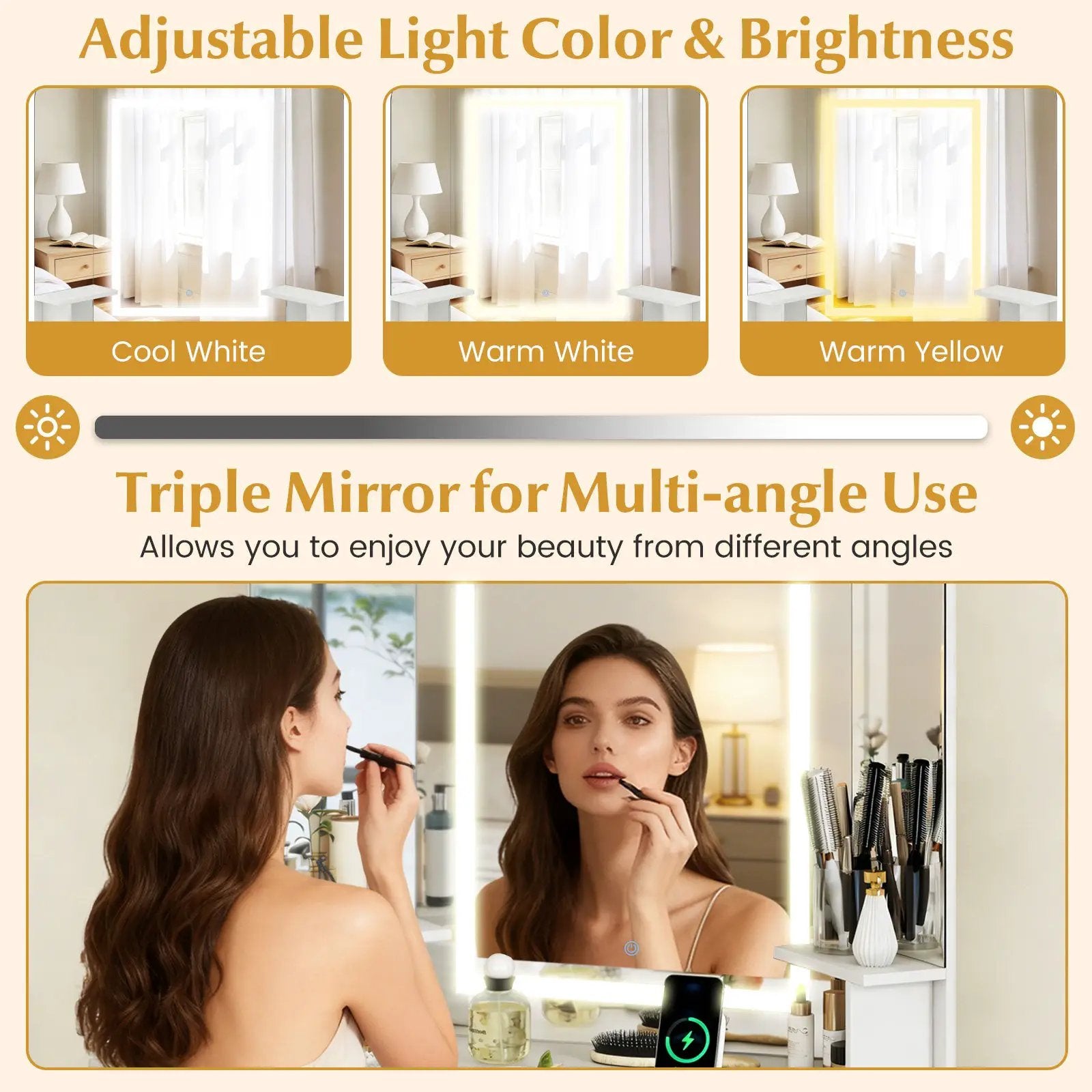 Corner Vanity Desk with Mirror and Lights Makeup Dressing Table with Triple Mirror-White by DirectDeals