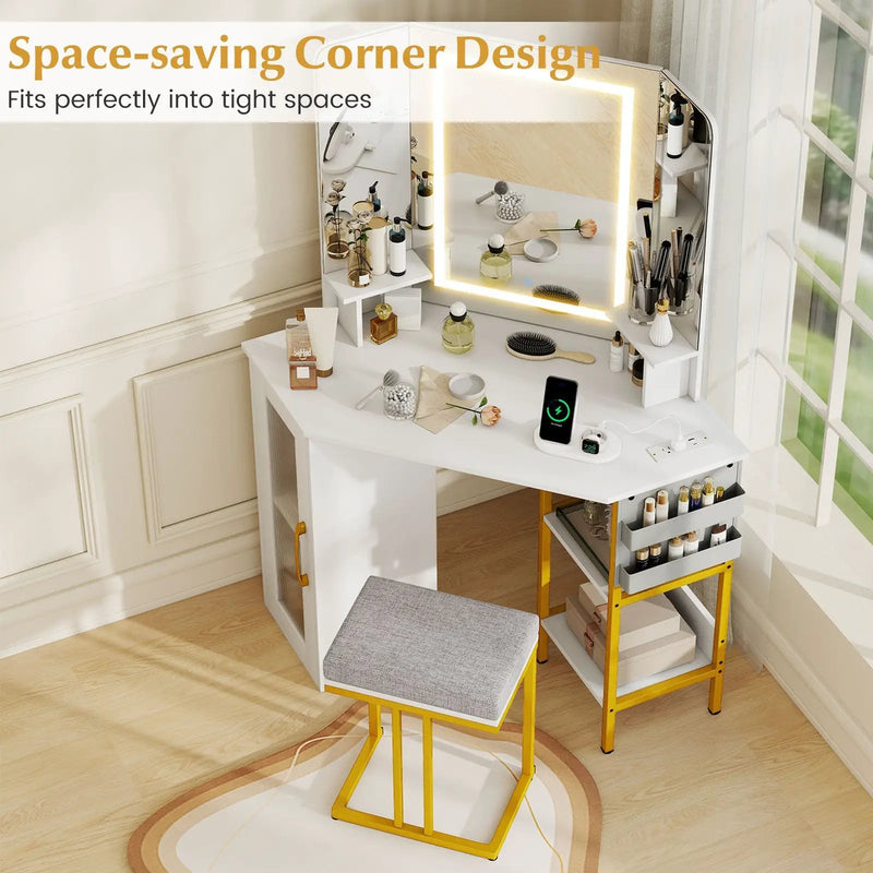 Corner Vanity Desk with Mirror and Lights Makeup Dressing Table with Triple Mirror-White by DirectDeals