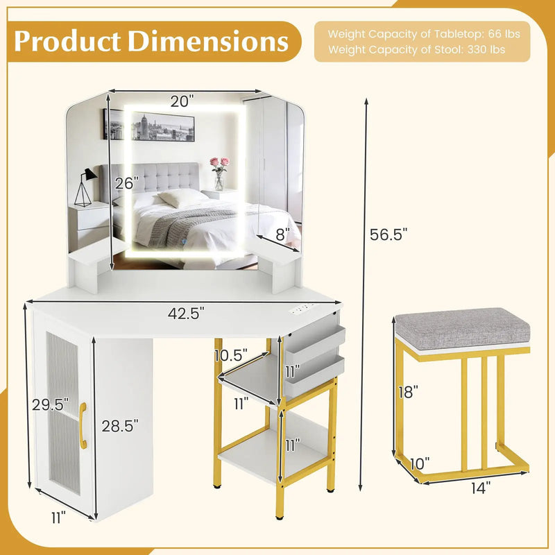Corner Vanity Desk with Mirror and Lights Makeup Dressing Table with Triple Mirror-White by DirectDeals