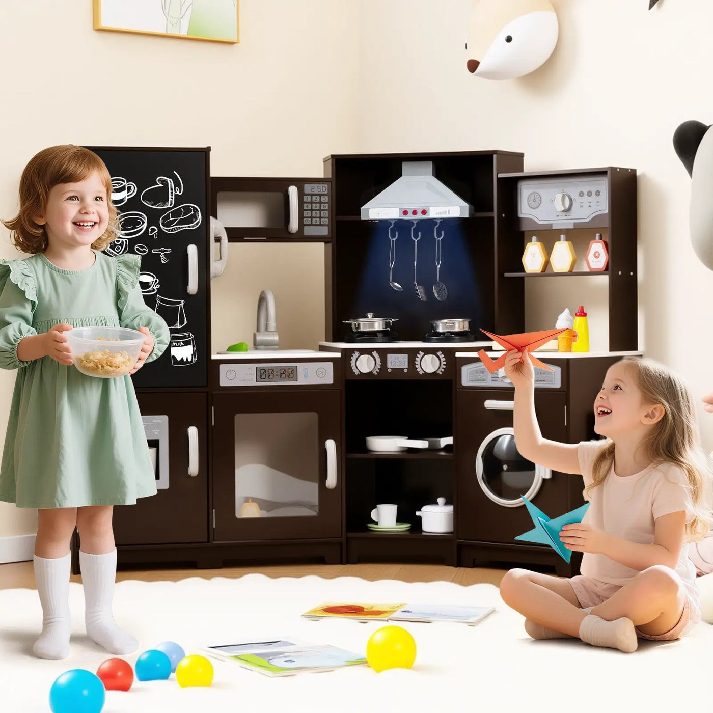 Corner Wooden Play Kitchen with Lights and Sounds Large Pretend Play Kitchen Set by DirectDeals