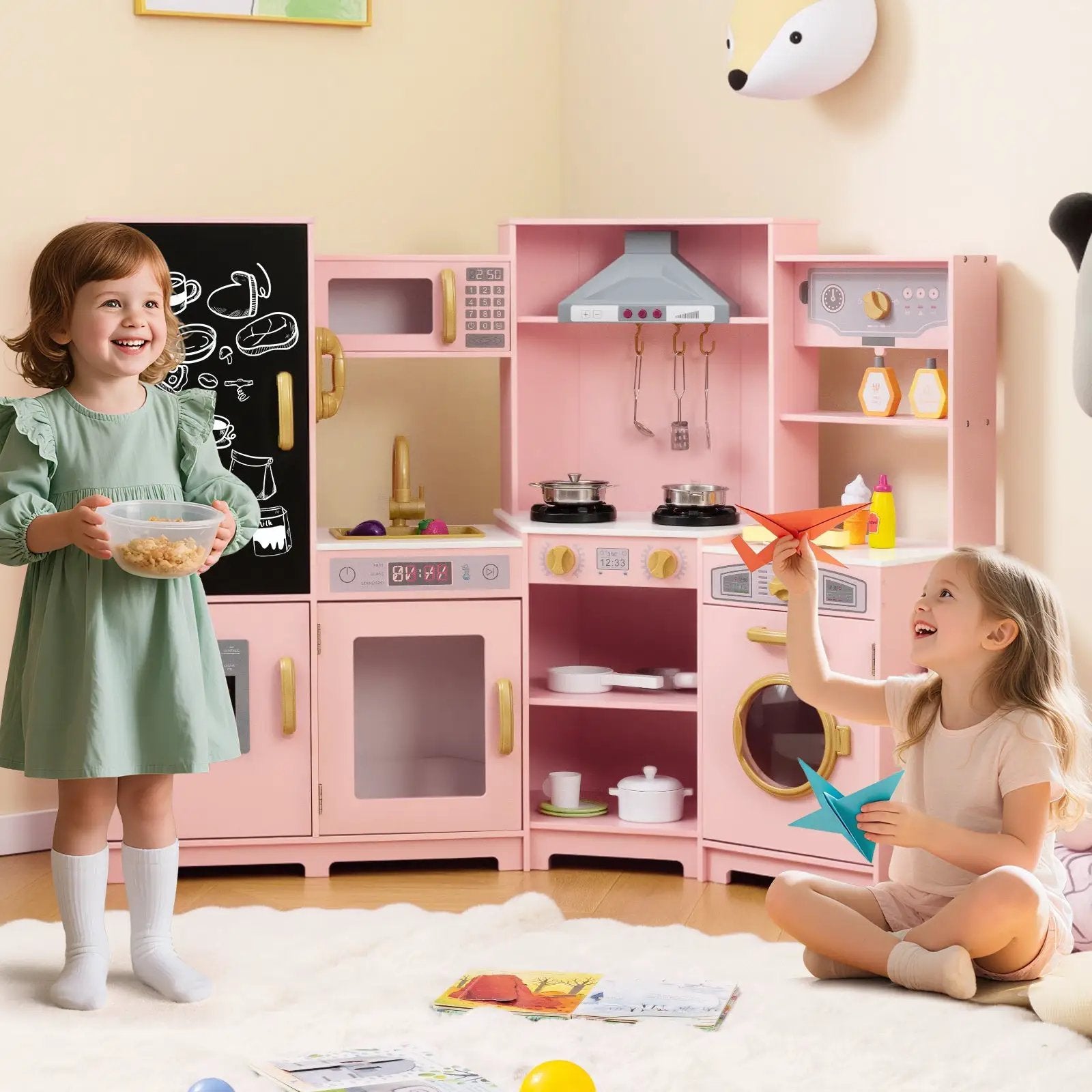 Corner Wooden Play Kitchen with Lights and Sounds Large Pretend Play Kitchen Set by DirectDeals