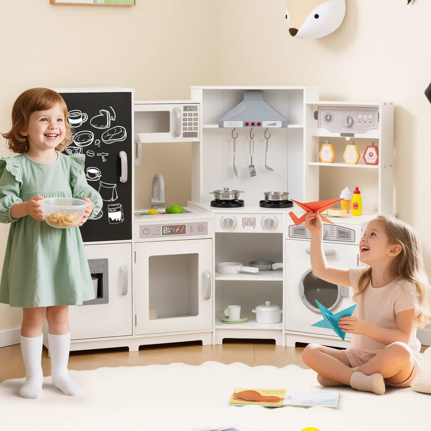 Corner Wooden Play Kitchen with Lights and Sounds Large Pretend Play Kitchen Set by DirectDeals