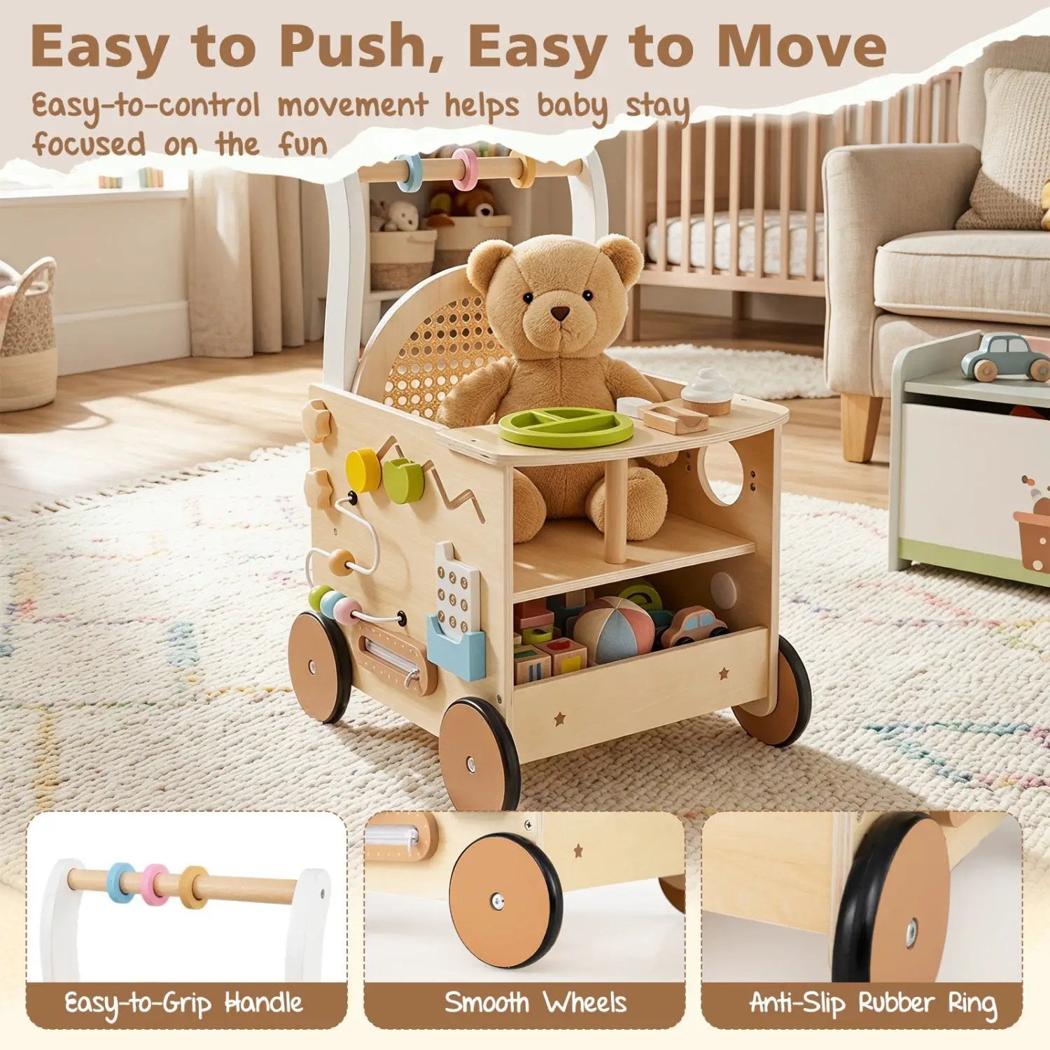 Wooden Push Walker 13-in-1 Activity Center with Storage by DirectDeals