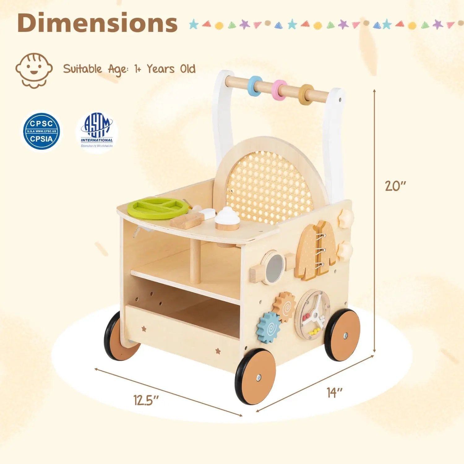 Wooden Push Walker 13-in-1 Activity Center with Storage by DirectDeals