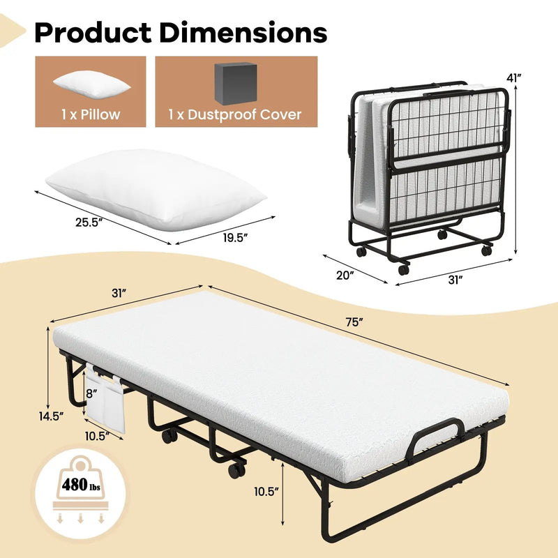 Space-Saving Narrow Twin Rollaway Bed with Pillow and Side Organizer Pocket by DirectDeals