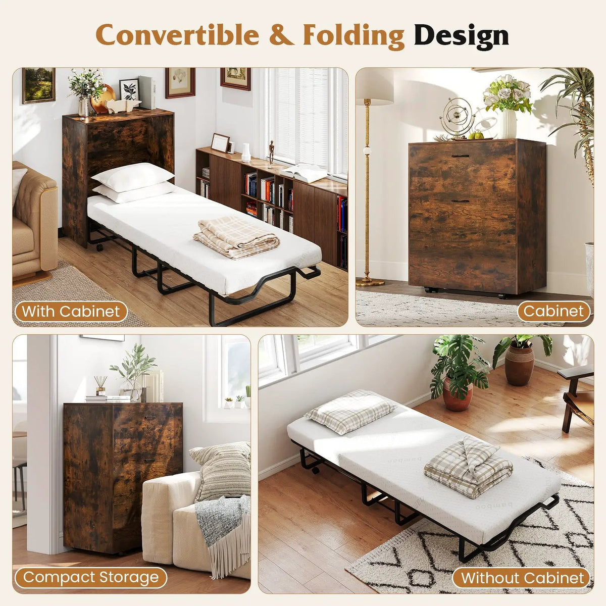 Cot Size Murphy Bed with Foldable Bed and Lockable Wheels by DirectDeals