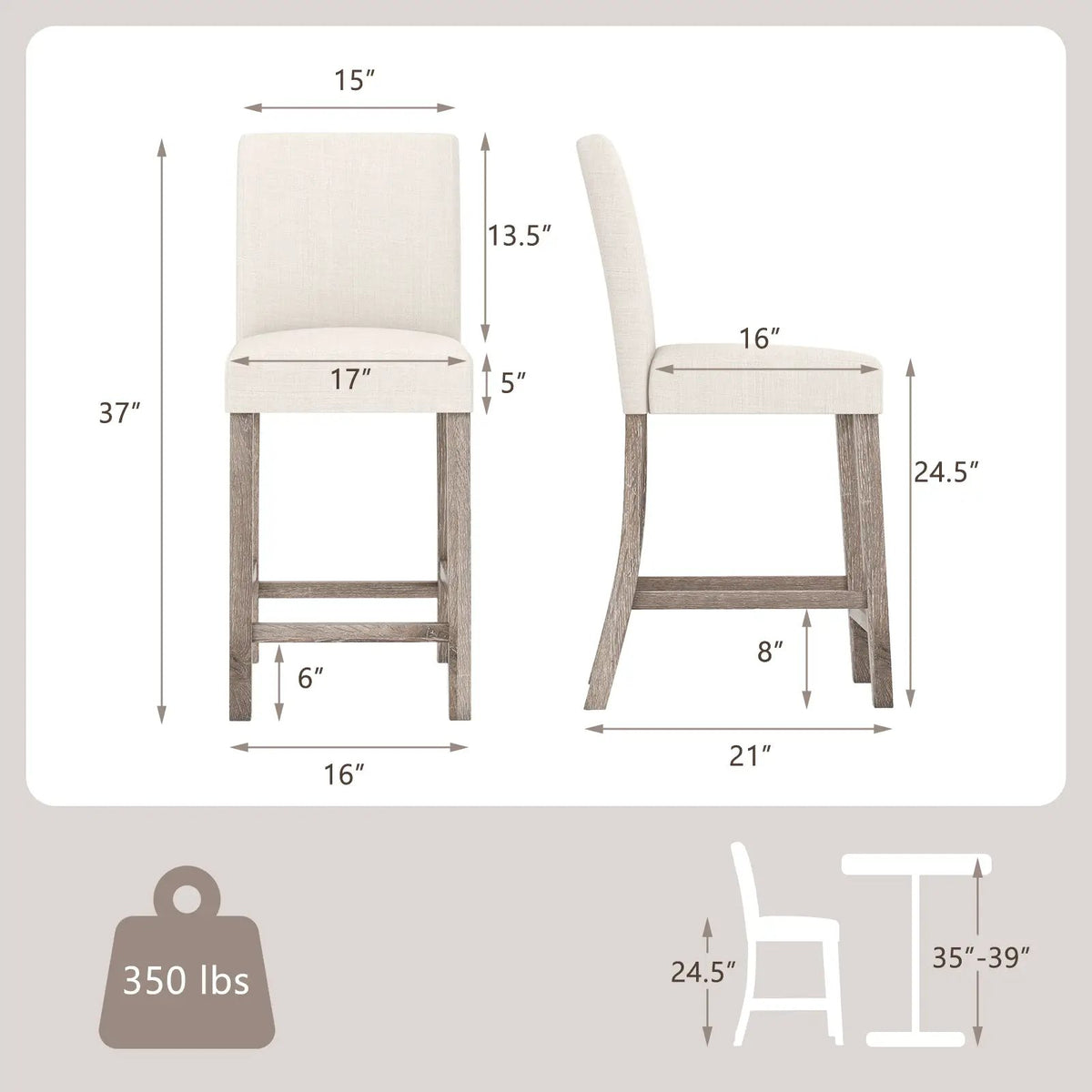 Counter Height Bar Stools Set of 2 with Back and Footrest by DirectDeals