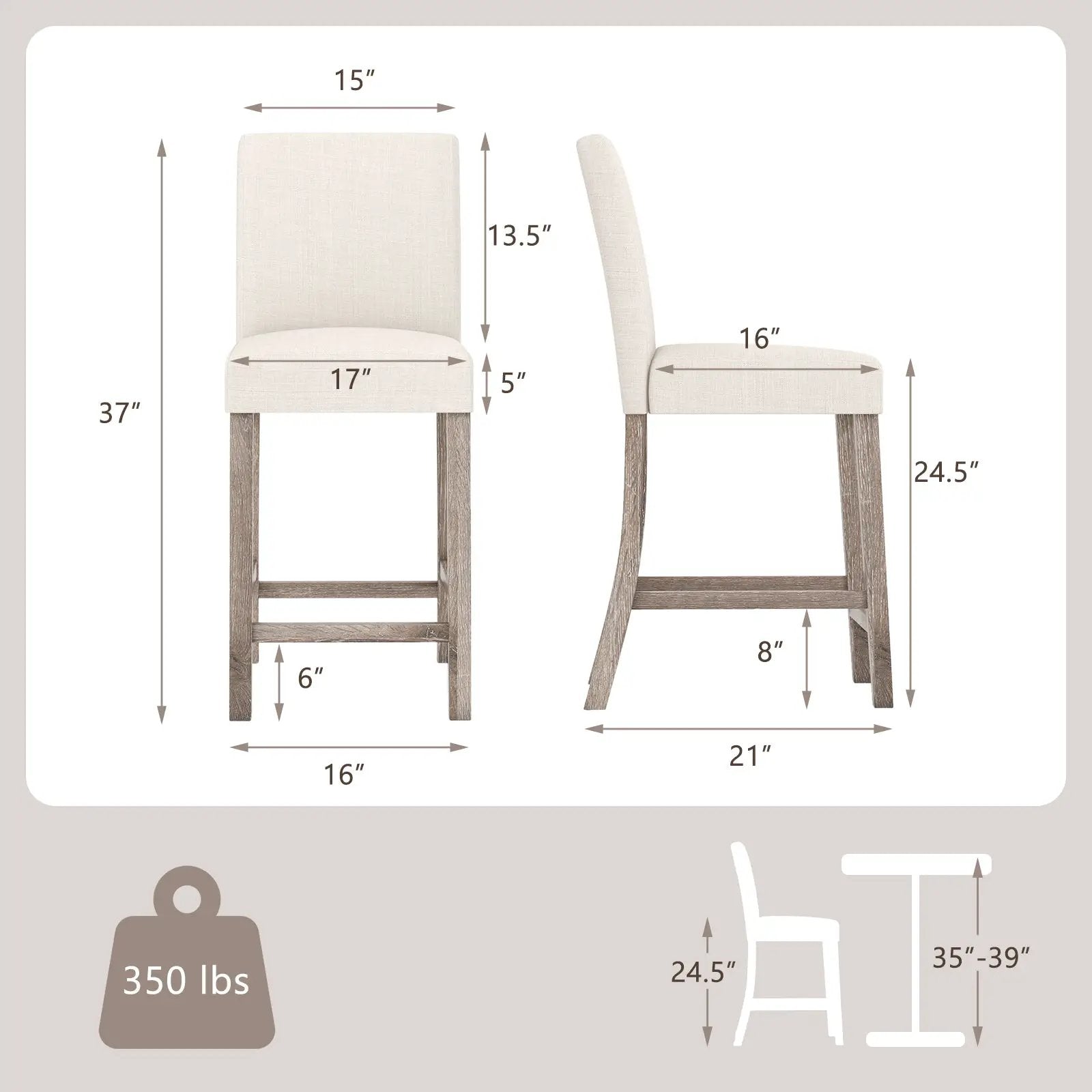 Counter Height Bar Stools Set of 2 with Back and Footrest by DirectDeals