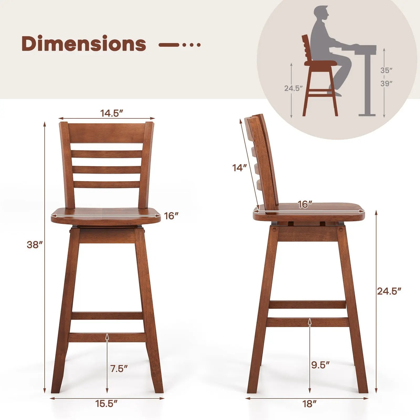 Counter Height Barstools Set of 2 with Footrest for Kitchen Island Bar by DirectDeals
