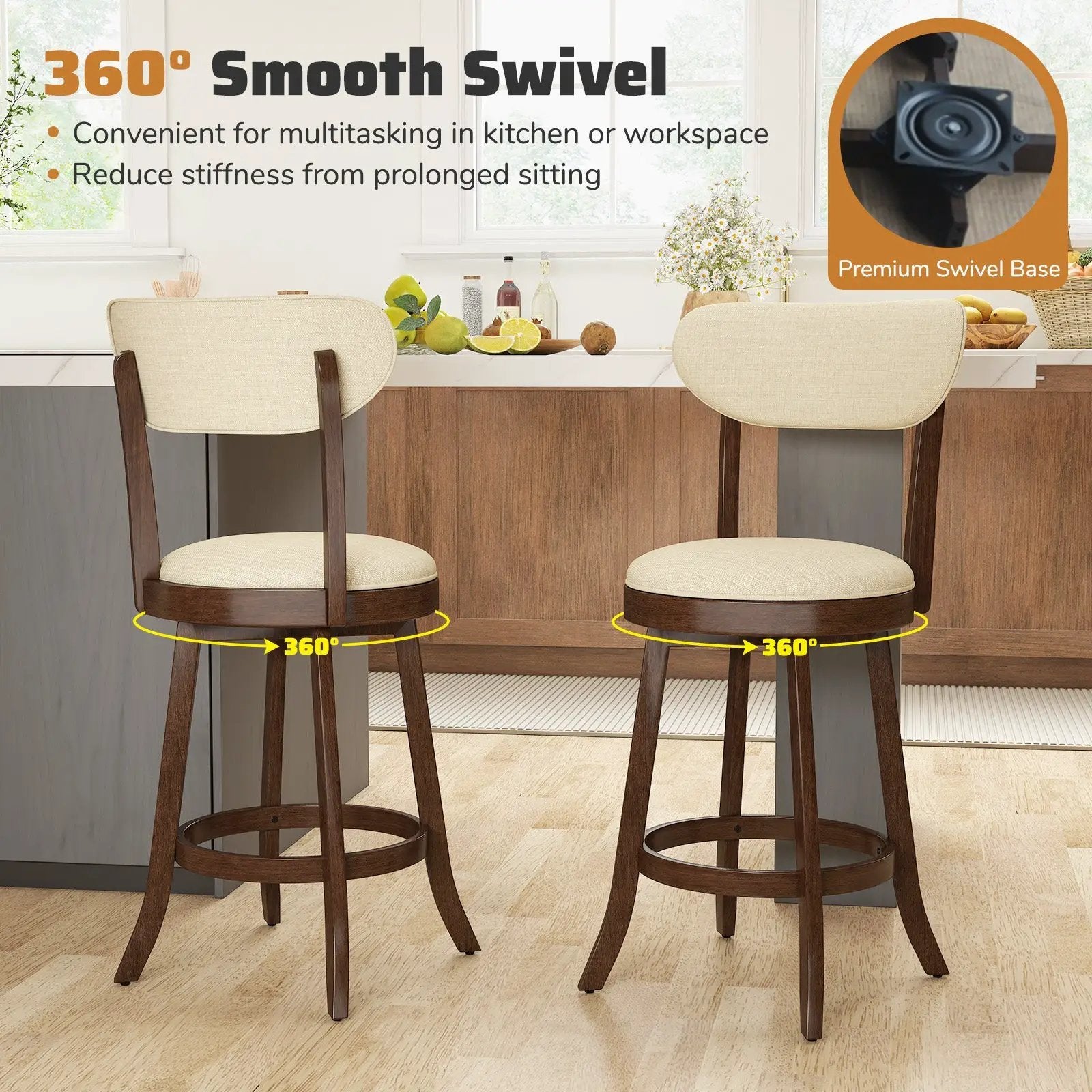 25.5 Inch Counter Height Chairs Set of 2 with Padded Seat and Backrest-Brown by DirectDeals