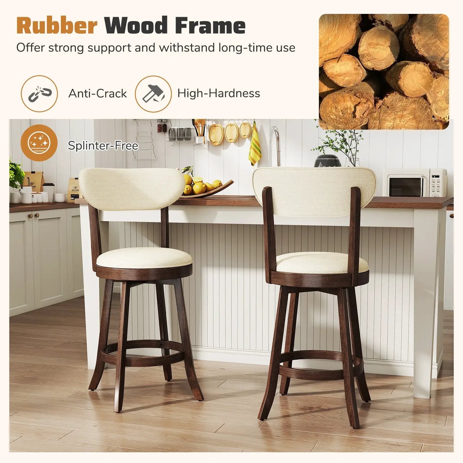 25.5 Inch Counter Height Chairs Set of 2 with Padded Seat and Backrest-Brown by DirectDeals
