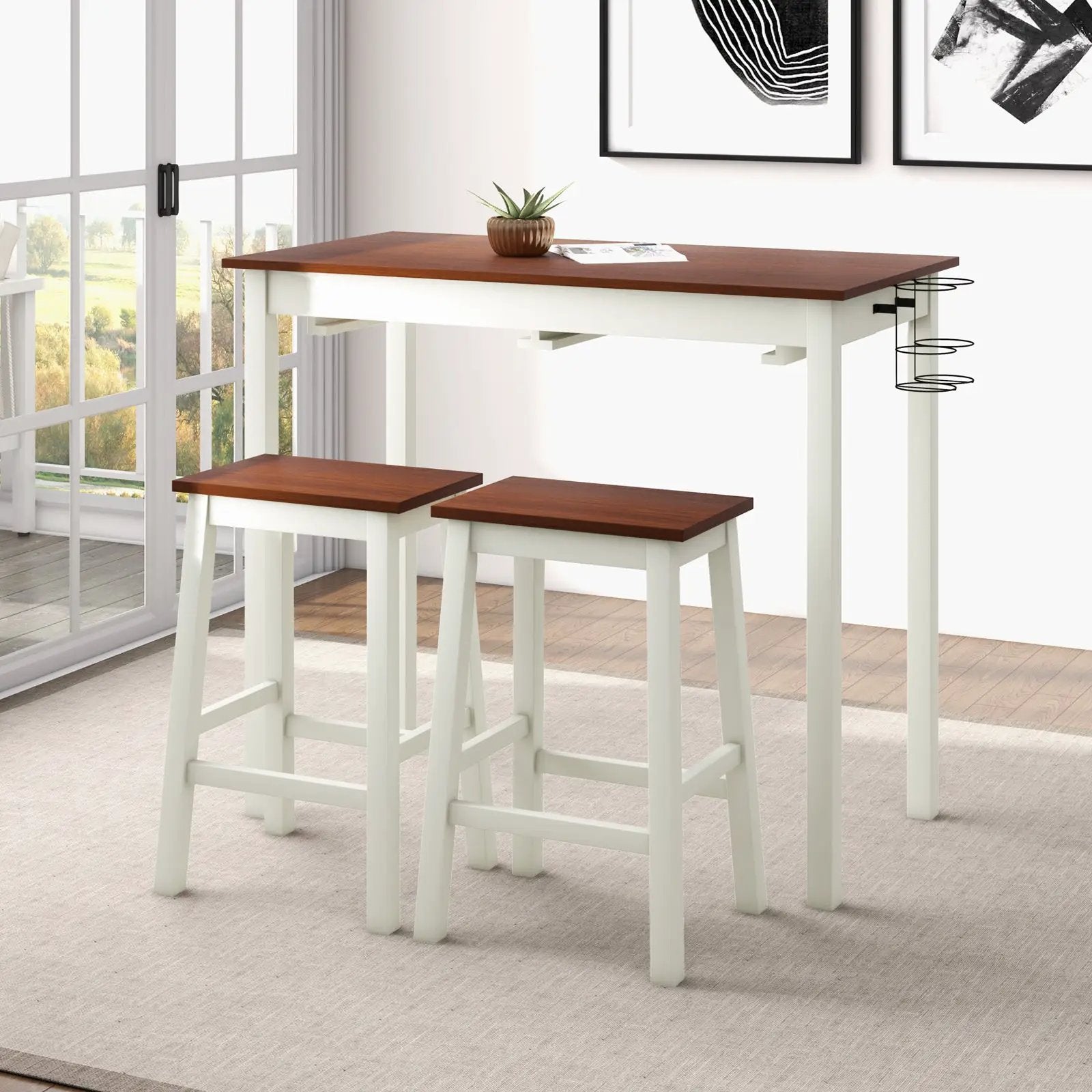 3-Piece Bar Table Set with 2 Wine Holders and Wooden Legs-White by DirectDeals