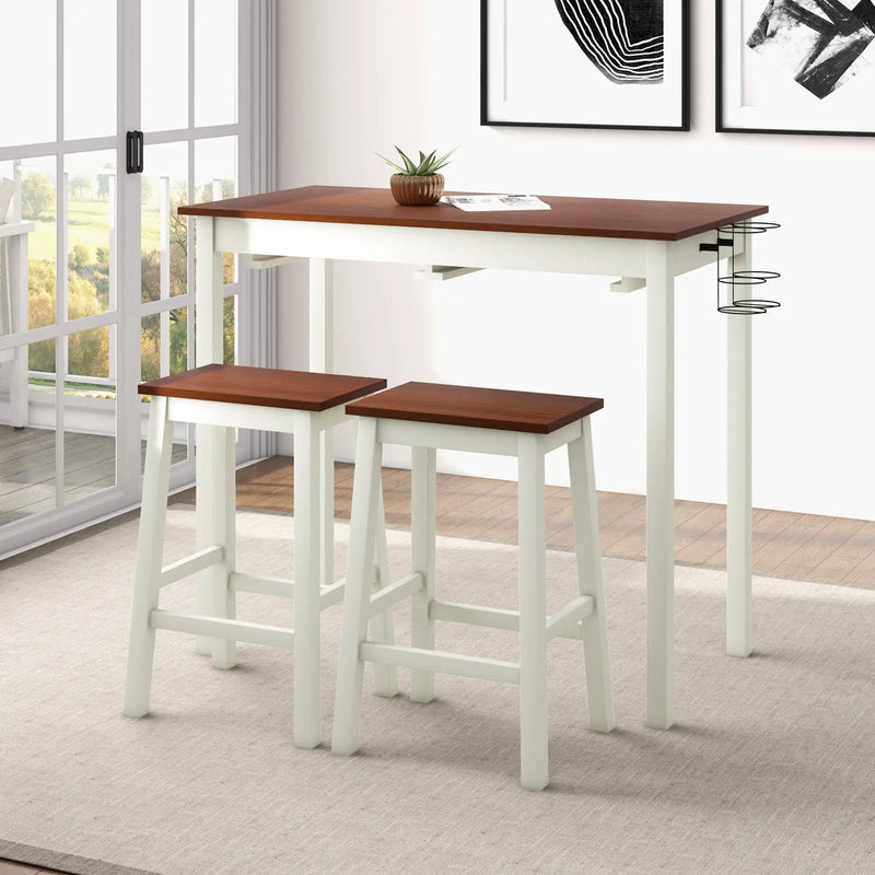 3-Piece Bar Table Set with 2 Wine Holders and Wooden Legs-White by DirectDeals