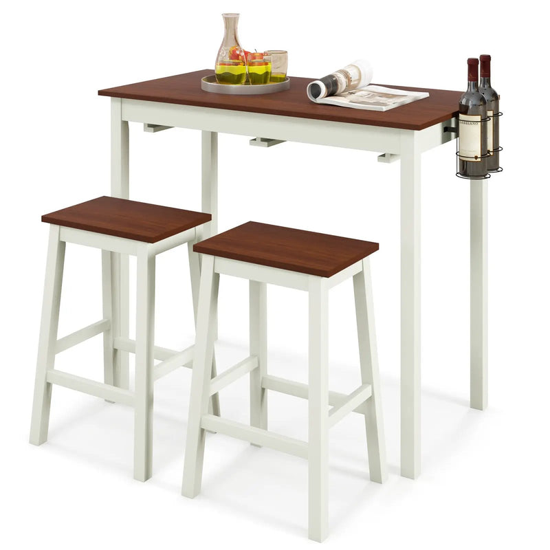 3-Piece Bar Table Set with 2 Wine Holders and Wooden Legs-White by DirectDeals