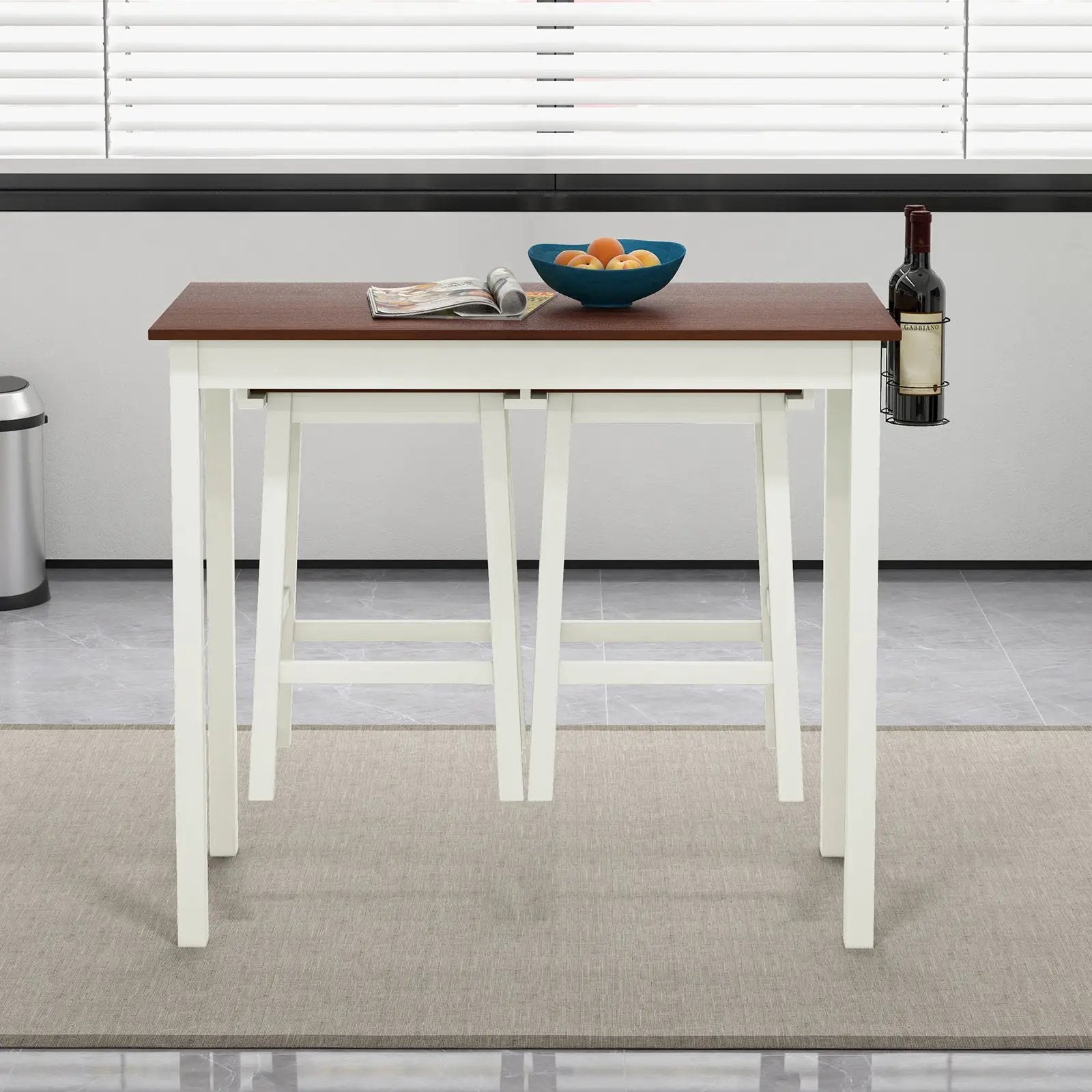 3-Piece Bar Table Set with 2 Wine Holders and Wooden Legs-White by DirectDeals