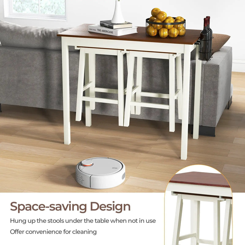 3-Piece Bar Table Set with 2 Wine Holders and Wooden Legs-White by DirectDeals
