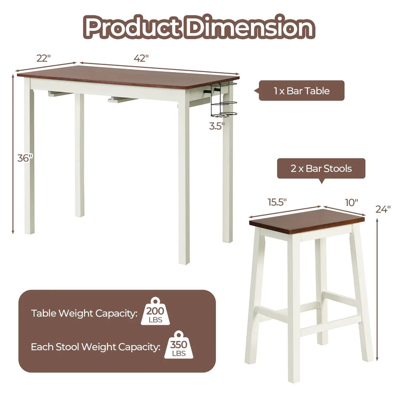 3-Piece Bar Table Set with 2 Wine Holders and Wooden Legs-White by DirectDeals
