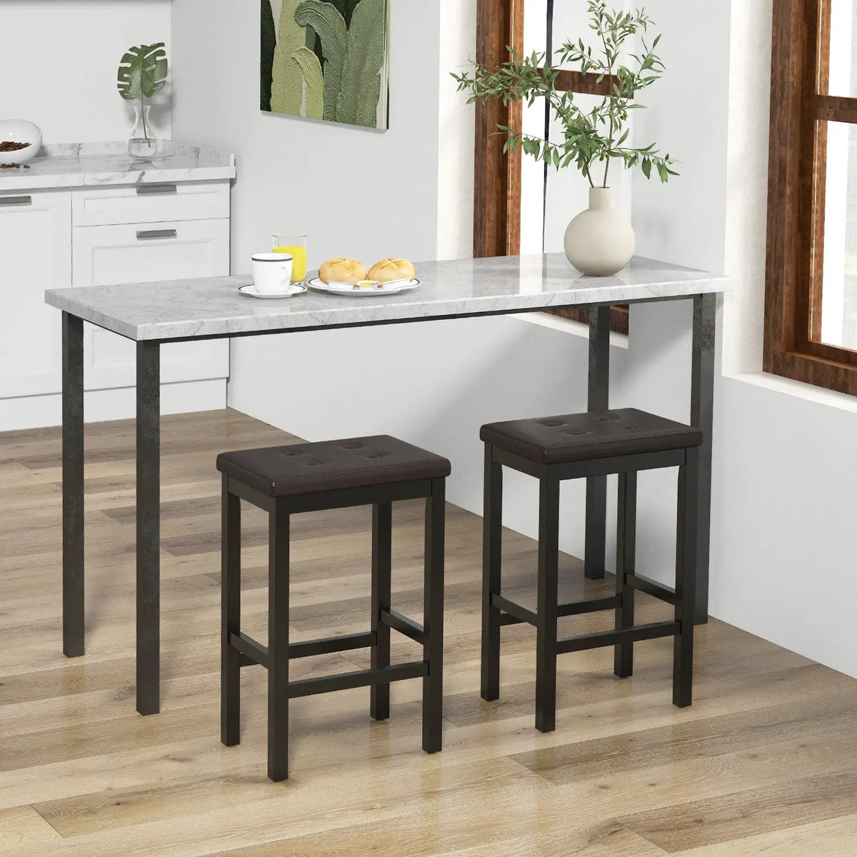 24 Inch Bar Stools with Padded Seat Footrest and Rubber Wood Frame by DirectDeals