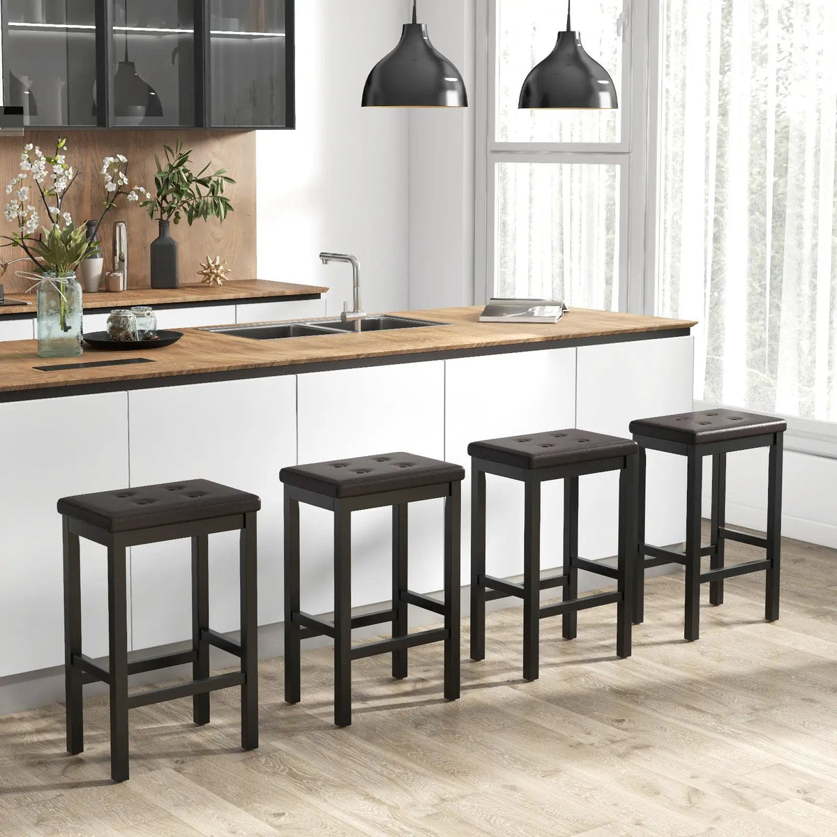 24 Inch Bar Stools with Padded Seat Footrest and Rubber Wood Frame by DirectDeals