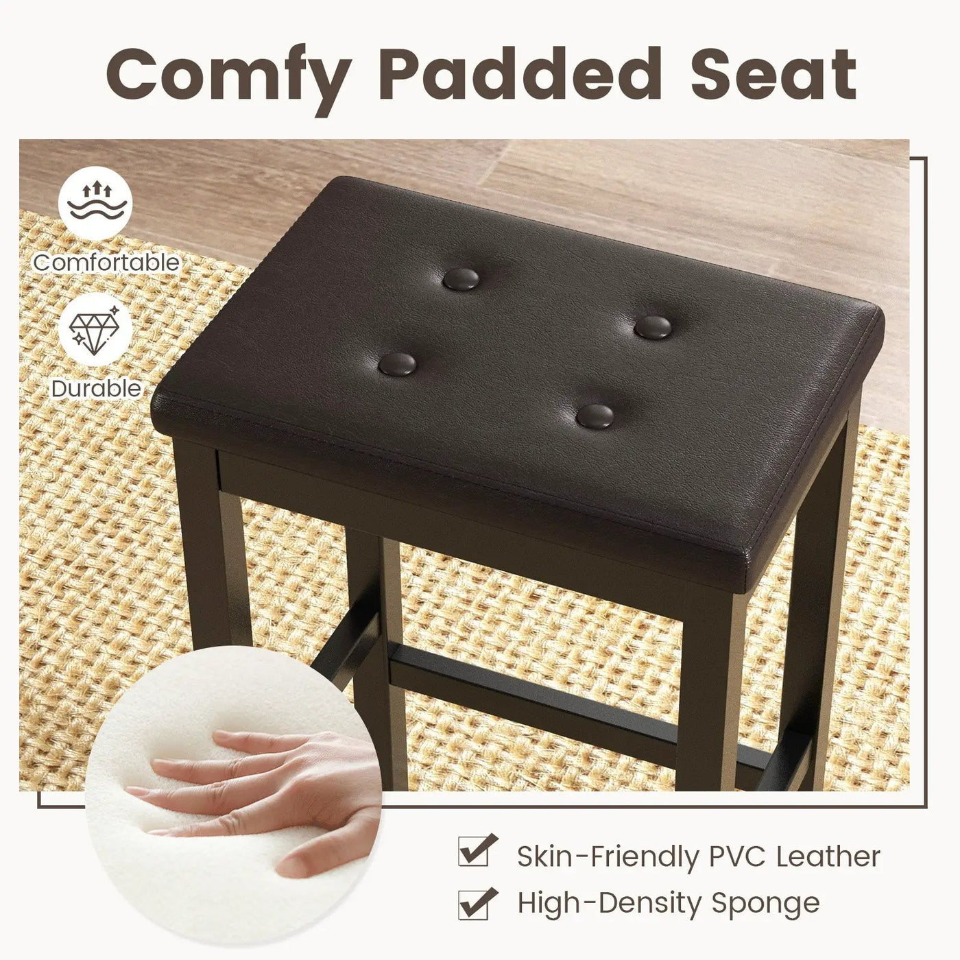 24 Inch Bar Stools with Padded Seat Footrest and Rubber Wood Frame by DirectDeals
