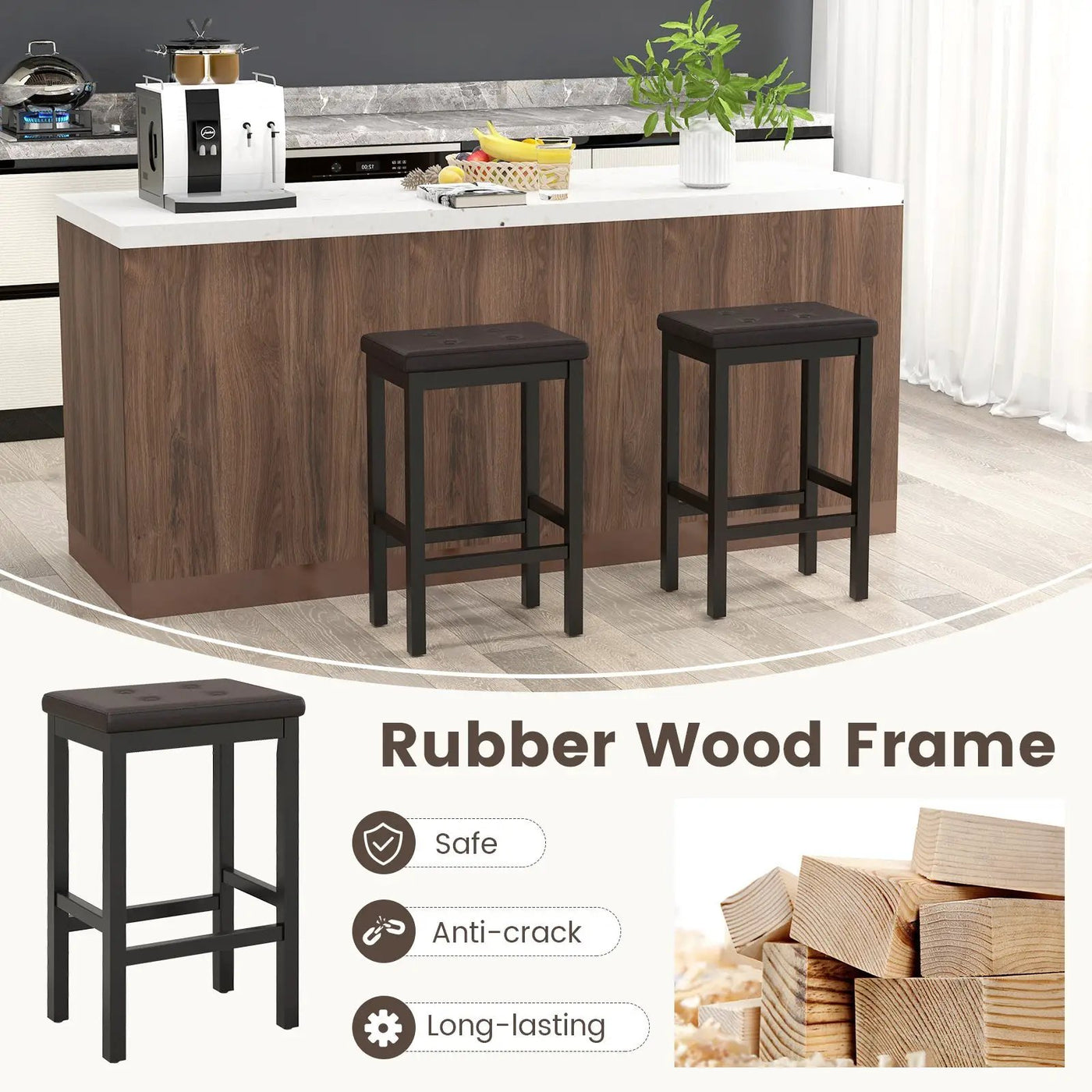 24 Inch Bar Stools with Padded Seat Footrest and Rubber Wood Frame by DirectDeals