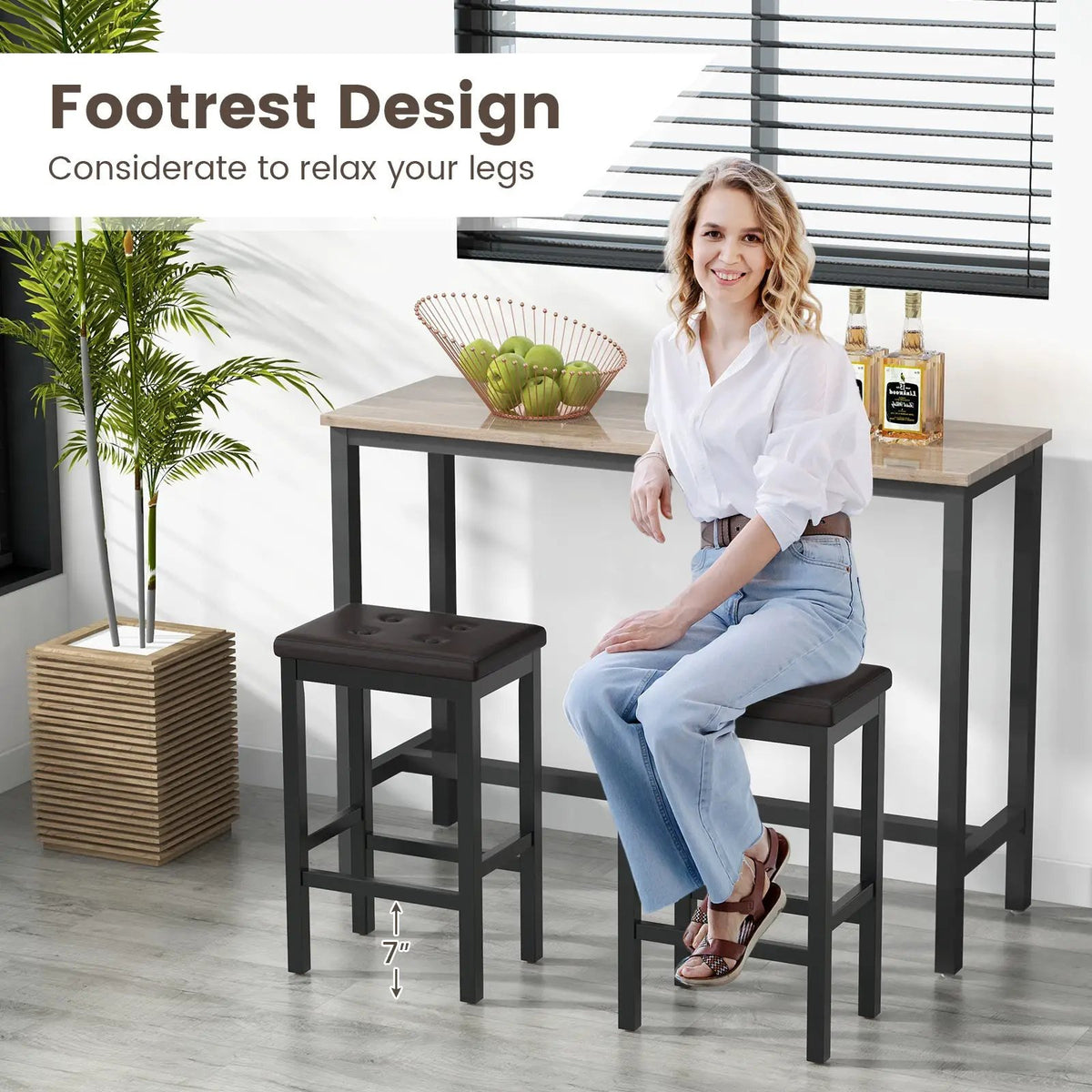 24 Inch Bar Stools with Padded Seat Footrest and Rubber Wood Frame by DirectDeals