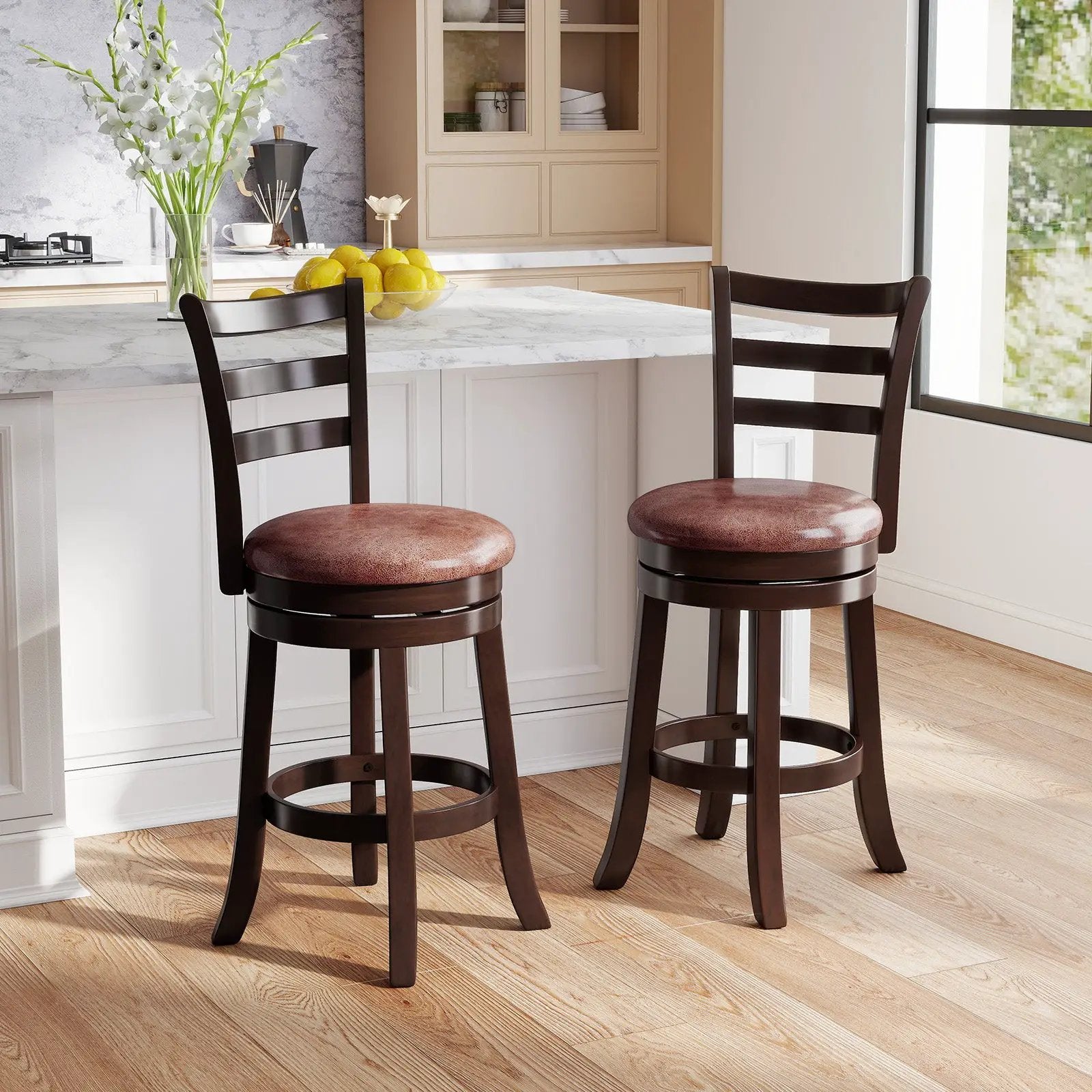 Counter Height Swivel Barstools Set of 2 with Faux Leather Seat and Wrap-around Footrest by DirectDeals
