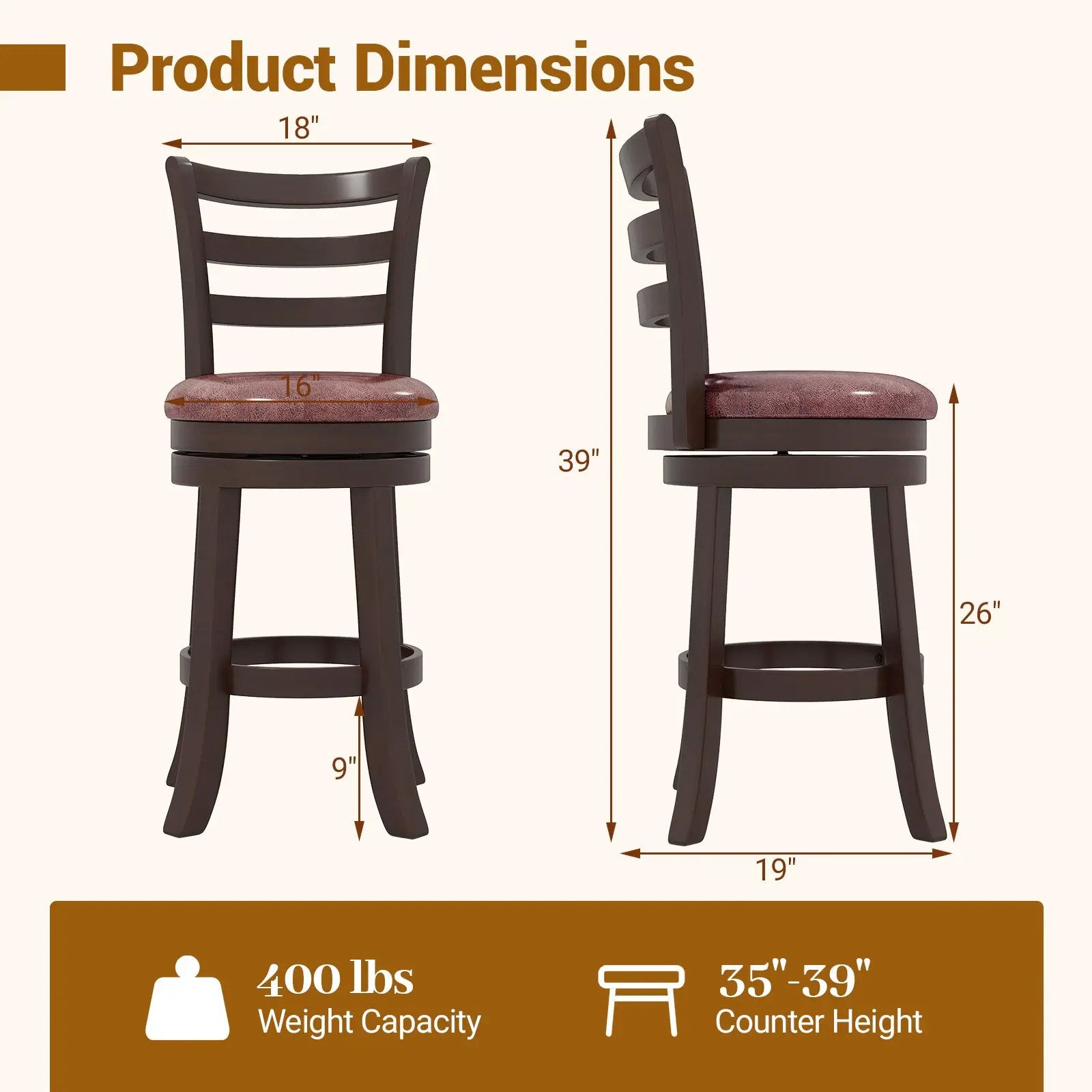 Counter Height Swivel Barstools Set of 2 with Faux Leather Seat and Wrap-around Footrest by DirectDeals