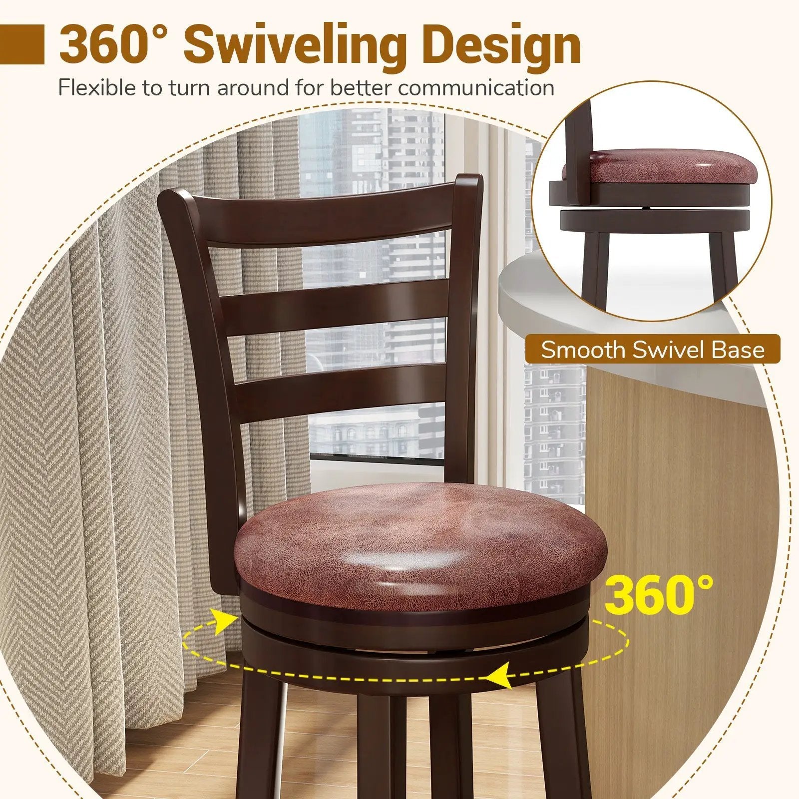 Counter Height Swivel Barstools Set of 2 with Faux Leather Seat and Wrap-around Footrest by DirectDeals