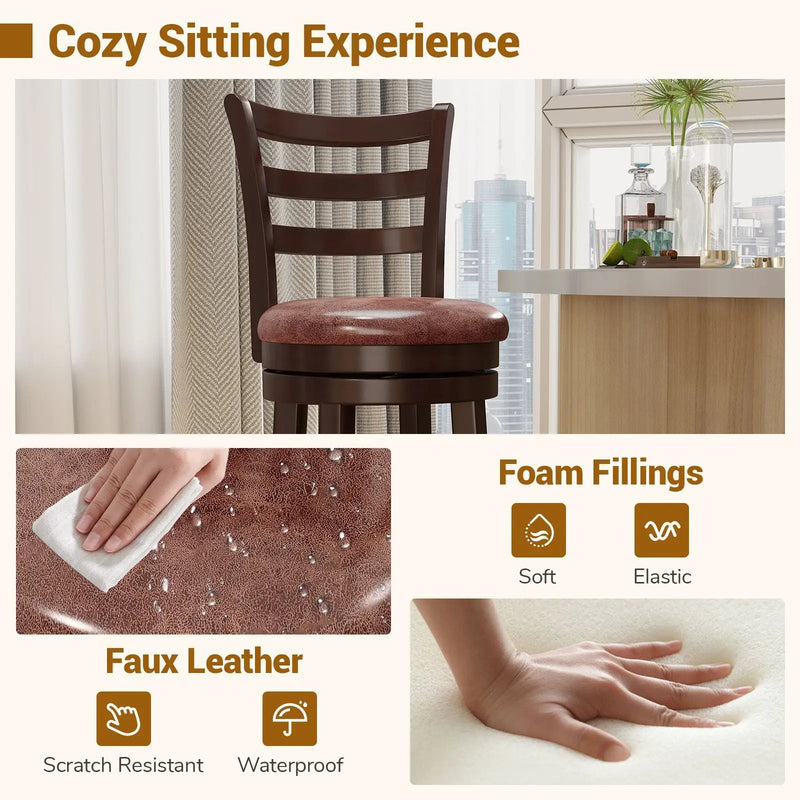 Counter Height Swivel Barstools Set of 2 with Faux Leather Seat and Wrap-around Footrest by DirectDeals