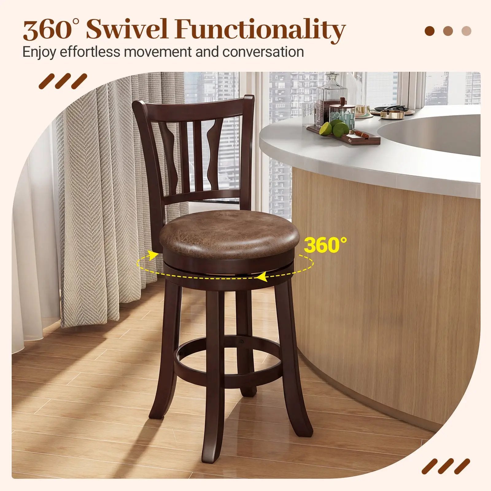 Counter Height Swivel Bar Stools Set of 2 with Back and Solid Rubber Frame by DirectDeals