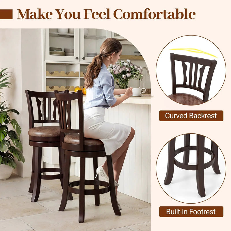 Counter Height Swivel Bar Stools Set of 2 with Back and Solid Rubber Frame by DirectDeals