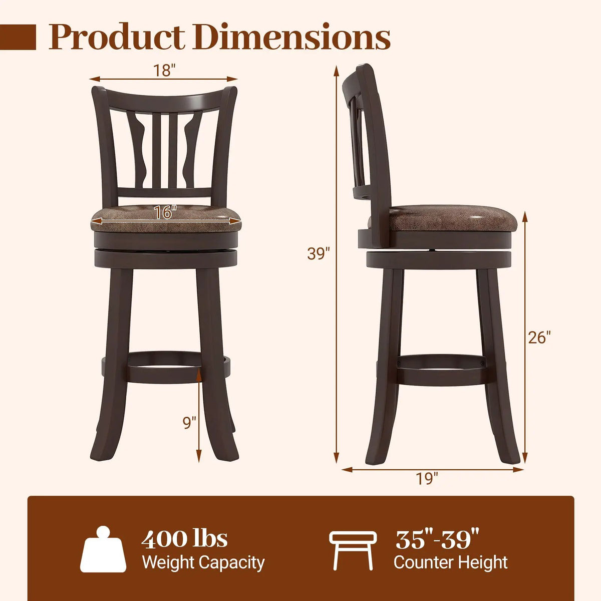 Counter Height Swivel Bar Stools Set of 2 with Back and Solid Rubber Frame by DirectDeals