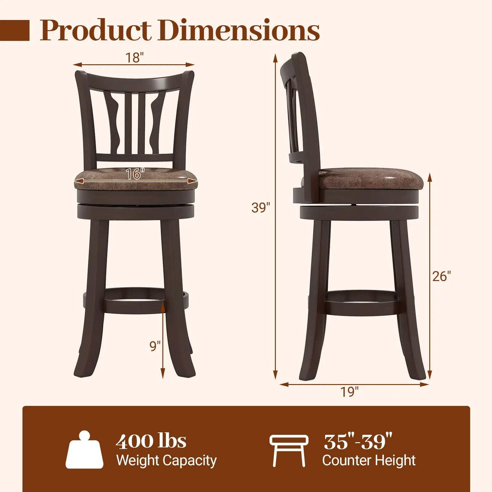 Counter Height Swivel Bar Stools Set of 2 with Back and Solid Rubber Frame by DirectDeals