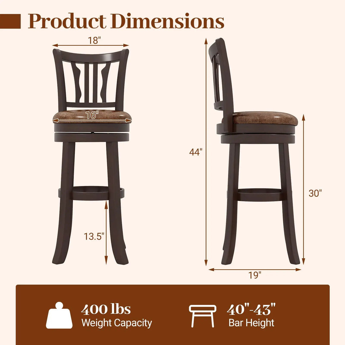 Counter Height Swivel Bar Stools Set of 2 with Back and Solid Rubber Frame by DirectDeals