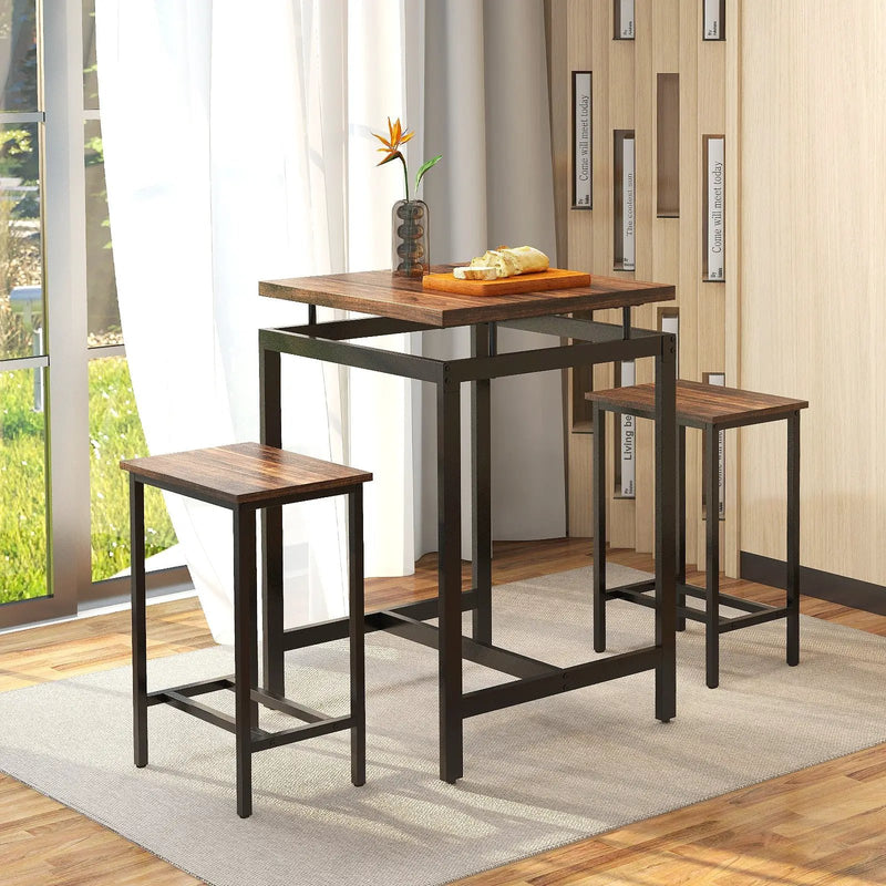 3 Pieces Pub Dining Table Set with Floating Tabletop and Footrest-Rustic Brown by DirectDeals