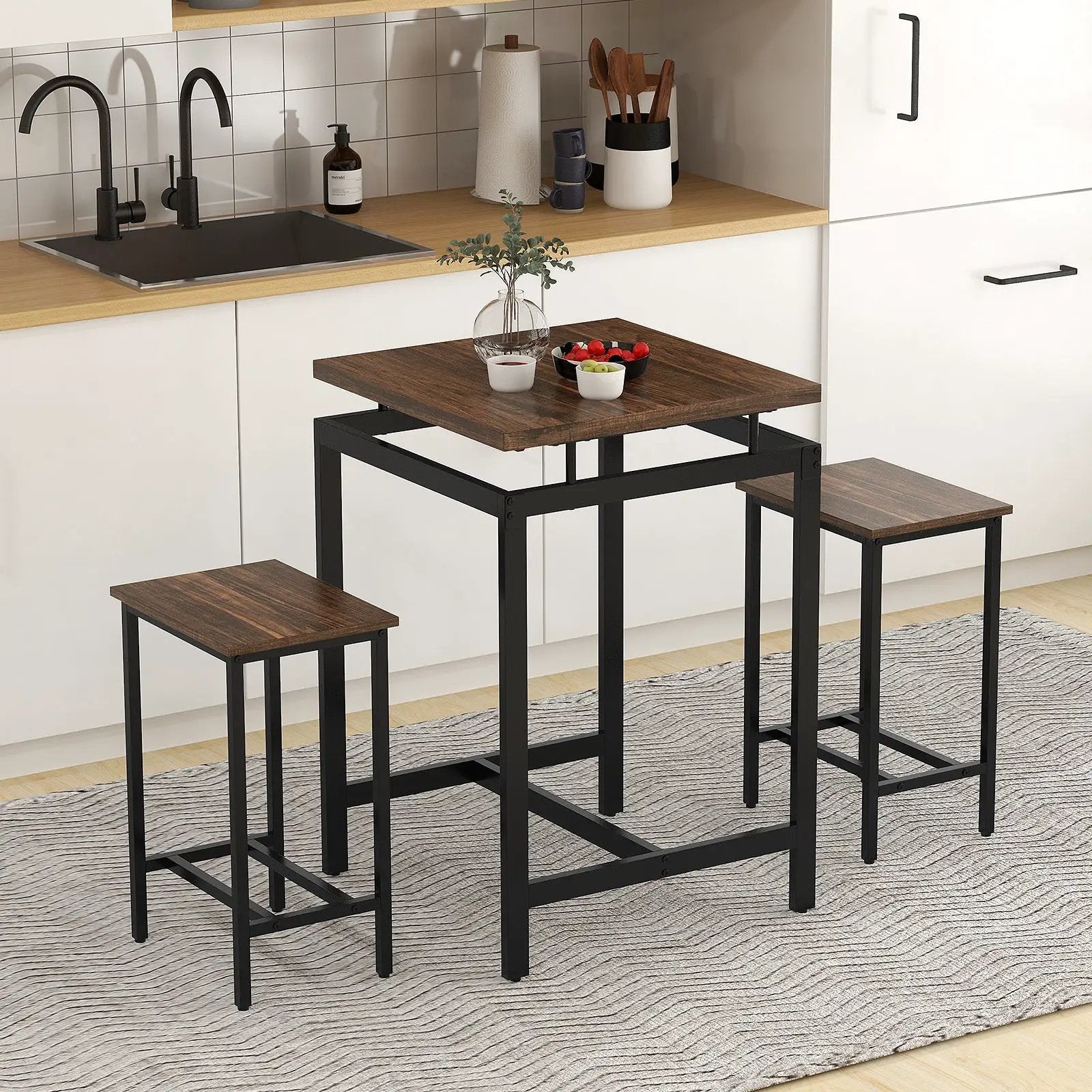 3 Pieces Pub Dining Table Set with Floating Tabletop and Footrest-Rustic Brown by DirectDeals