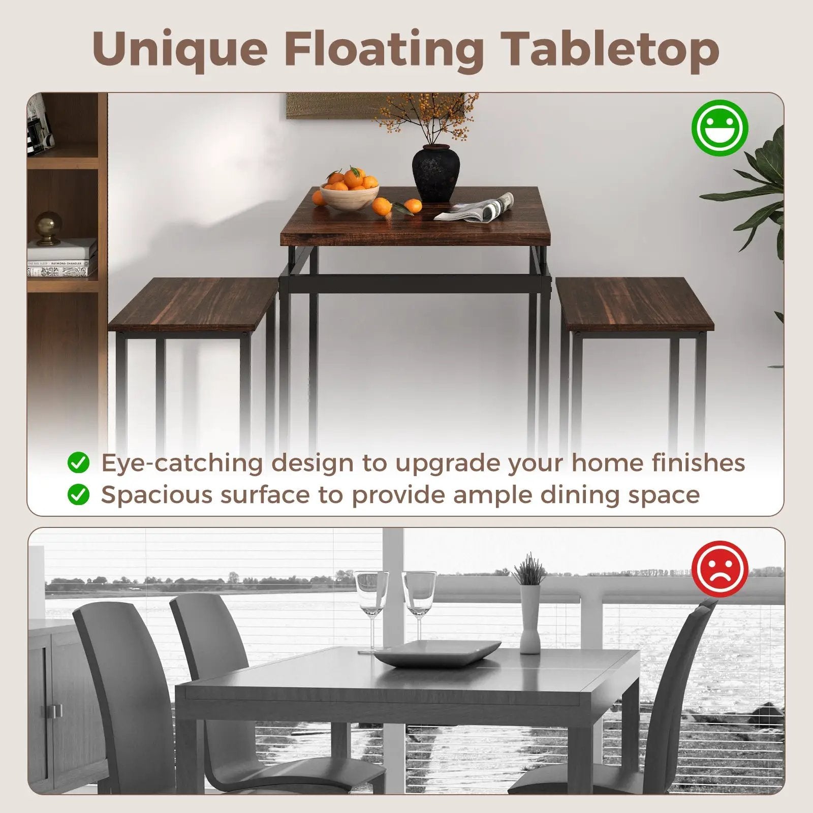 3 Pieces Pub Dining Table Set with Floating Tabletop and Footrest-Rustic Brown by DirectDeals