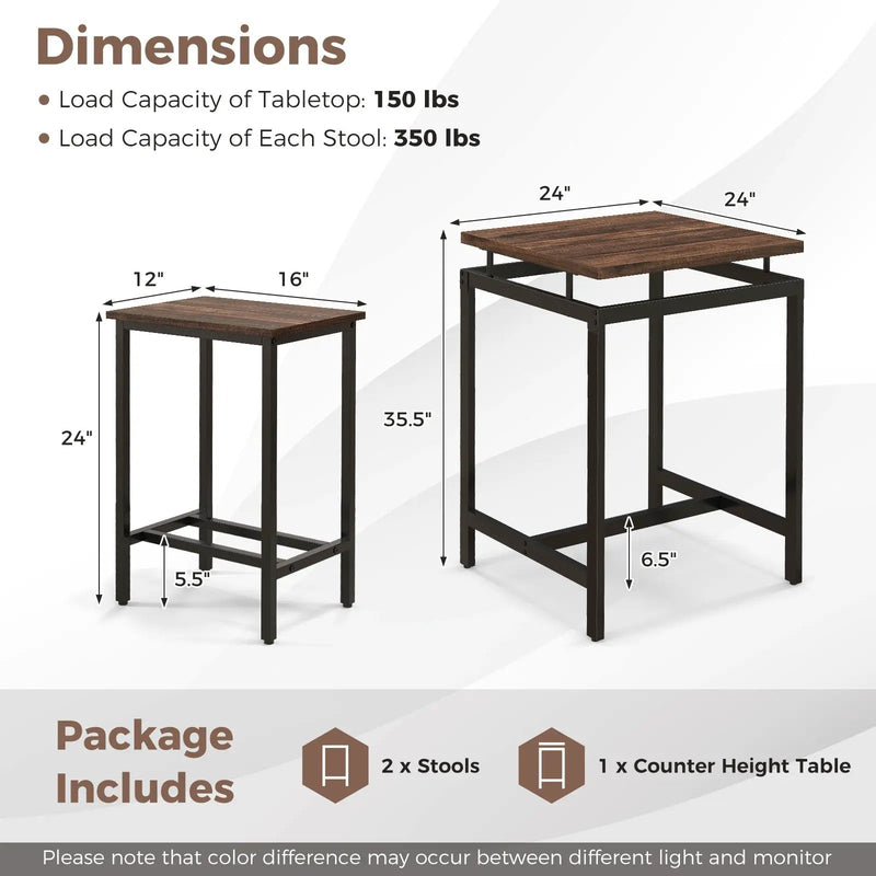 3 Pieces Pub Dining Table Set with Floating Tabletop and Footrest-Rustic Brown by DirectDeals