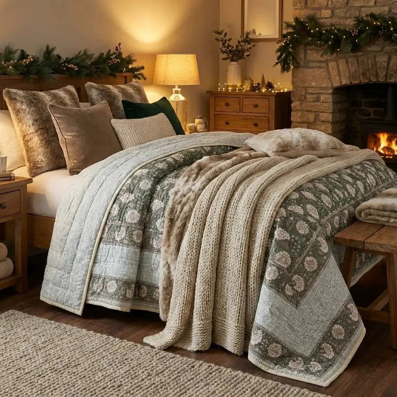 House of Avana Cream & Golden Yellow Rust Floral Jaipur Indian Hand Block Print Quilted Comforter by House Of Avana